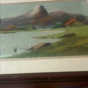 Landscape Tranquil Mountain and Lake Scene Art watercolor painting by Coni